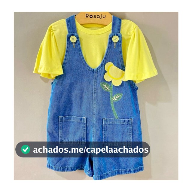 conjunto jardineira jeans infantil com blusas amarelo, pink e rosa menina