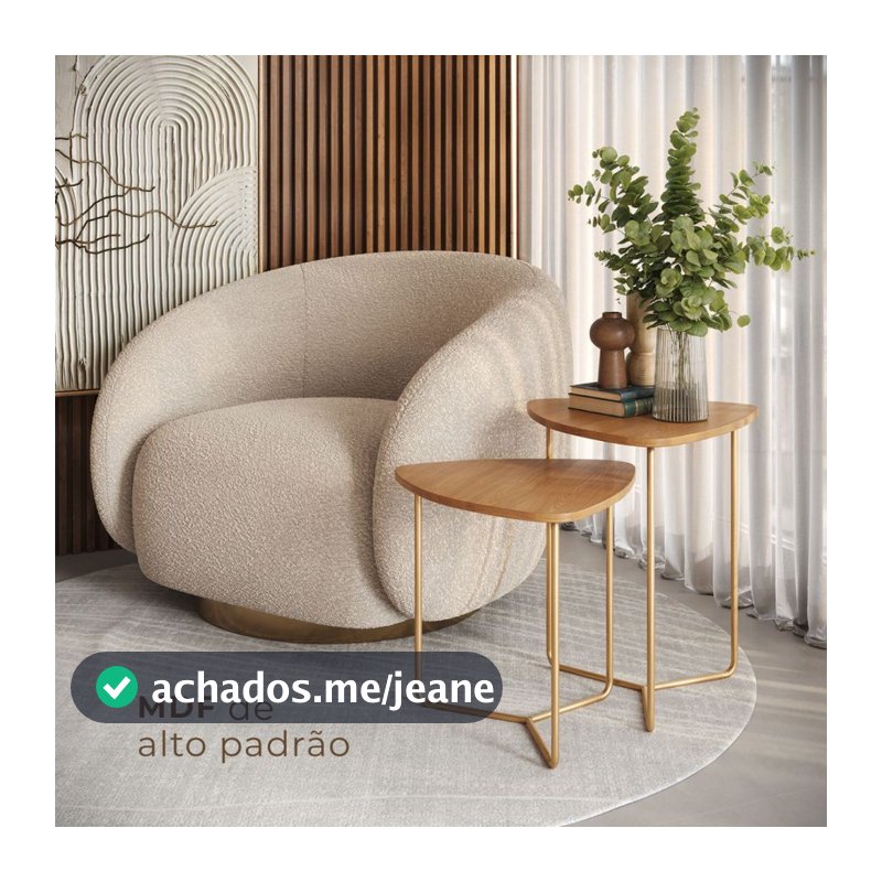 Kit 2 Mesas Laterais de Canto Capri Sala de Estar Apoio Sofá Design Orgânico MDF Base Metal Dourado