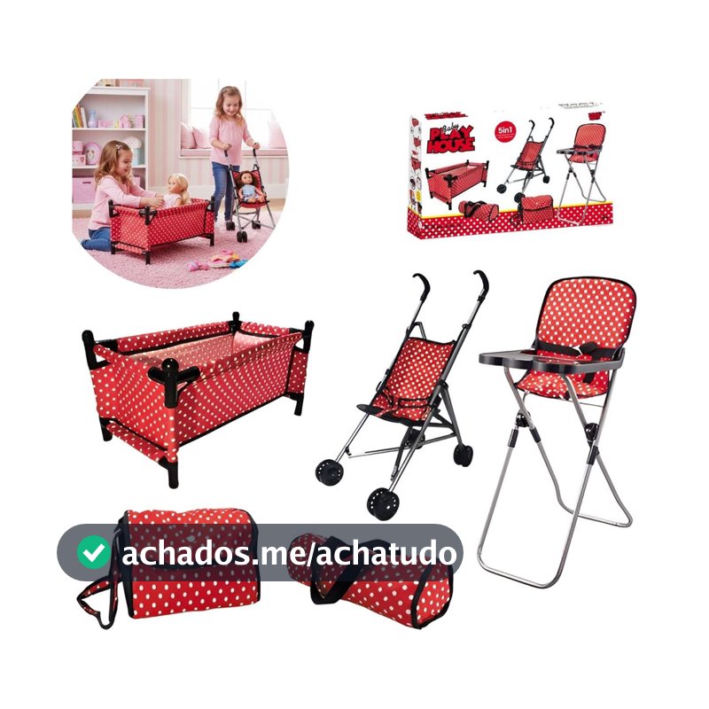 Kit Carrinho de Boneca Infantil 5 Peças Vermelho ImportWay com Cadeira, Bercinho, Mochila e Acessórios