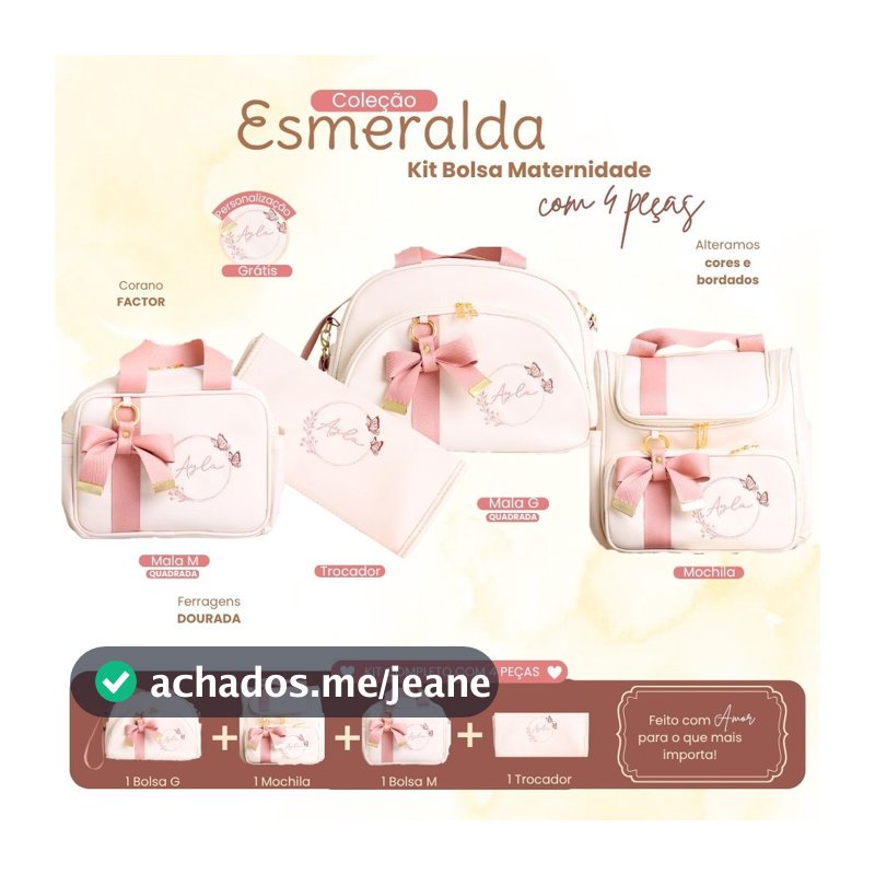 Kit Bolsa Maternidade Off White 4 Peças Personalizado / Coleção Esmeralda, Estação Mamãe e Bebê.
