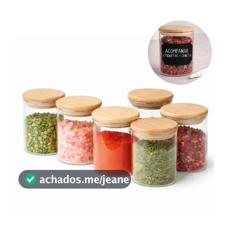 Pote Hermético de Vidro Kit 6 Unidades 200ml Tampa Bambu Vedação Silicone Cozinha Organizada