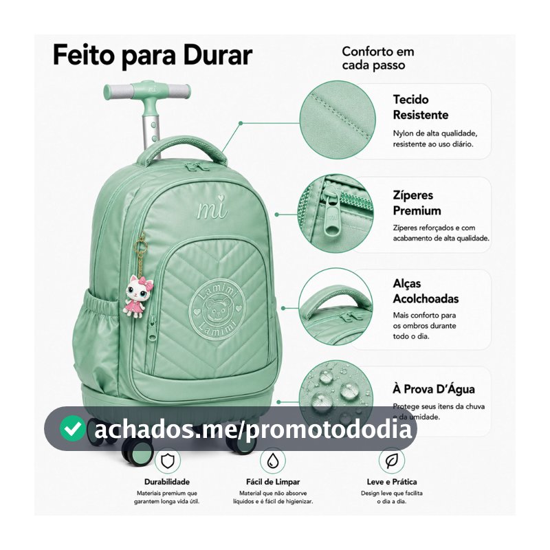 Mochila Escolar De Rodinhas Turquesa Lamimi com Carrinho Embutido e Pingente Gatinha