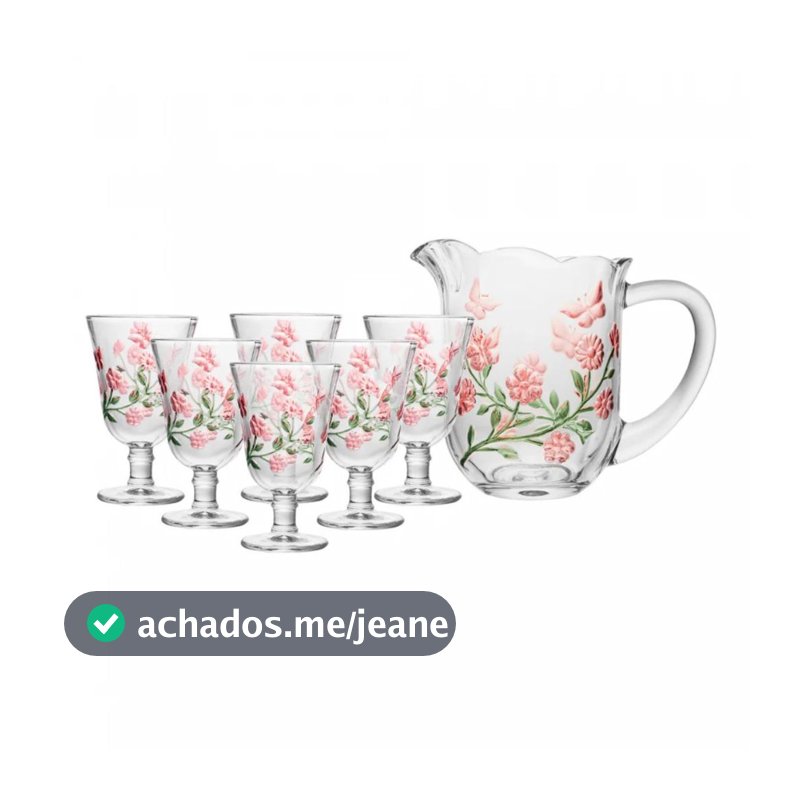 Jogo Jarra 1,3L + 6 Taças Para Água 240ml Lyor Lys Hand Painting Cristal Decoradas Floral Luxo
