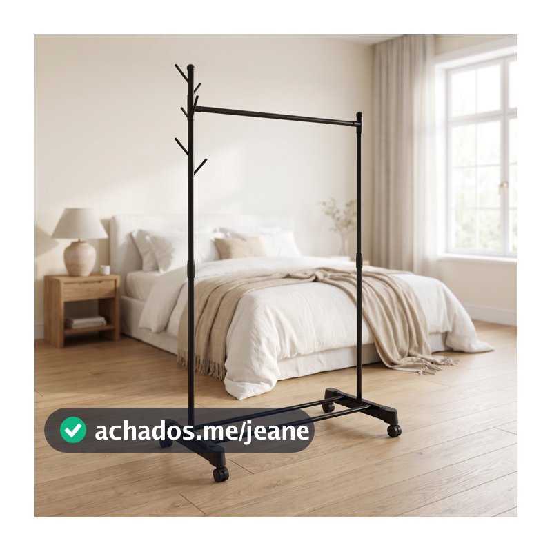 Arara de Roupas Cabideiro com Ganchos Rodinhas Guarda Roupa Aramado 152cm Preto
