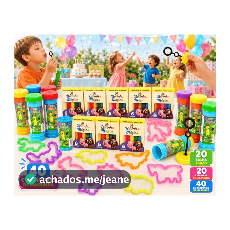 20 Cx Massinha de Modelar + 20 Bolha de Sabao + 40 Cortador Kit Festa Aniversario Prenda Lembracinha