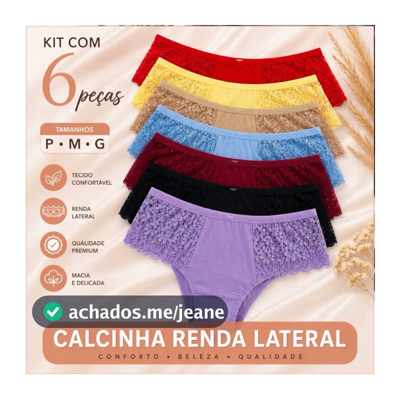 Kit Com 6 Calcinhas Renda Lateral Microfibra Premium e kit com 3 unidades