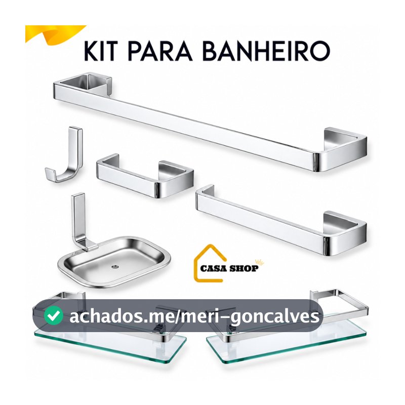 Kit Acessórios Para Banheiro Quadrado 5 Peças Luxo Cromado + 2 Porta Shampoo Reto Incolor.
