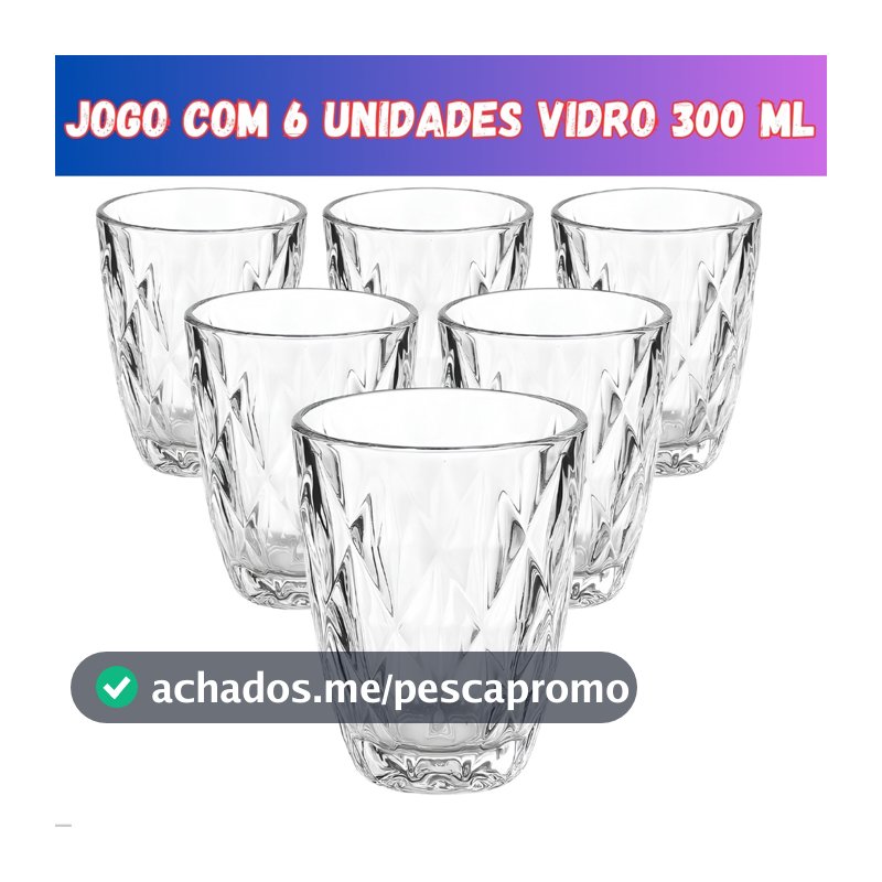 Jogo 6 Copos Baixos Diamond 300ml Vidro Grosso Diamante Luxo