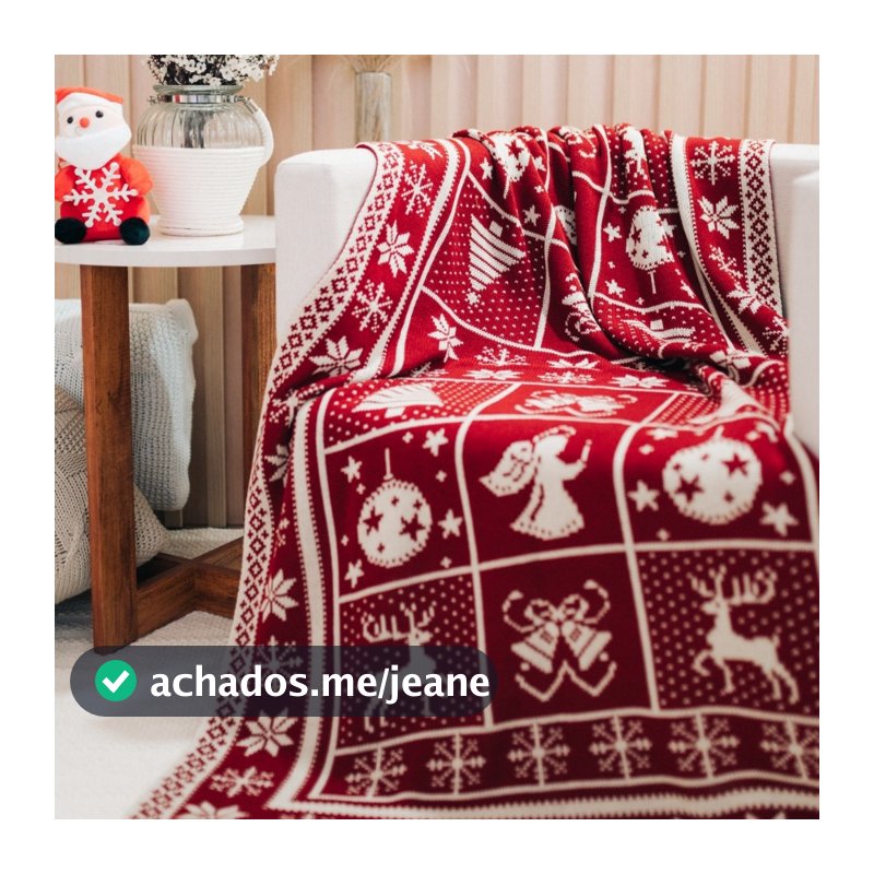 Manta Natalina Decorativa Tricot Macia Desenho com Árvore de Natal 155x95cm Dupla Face
