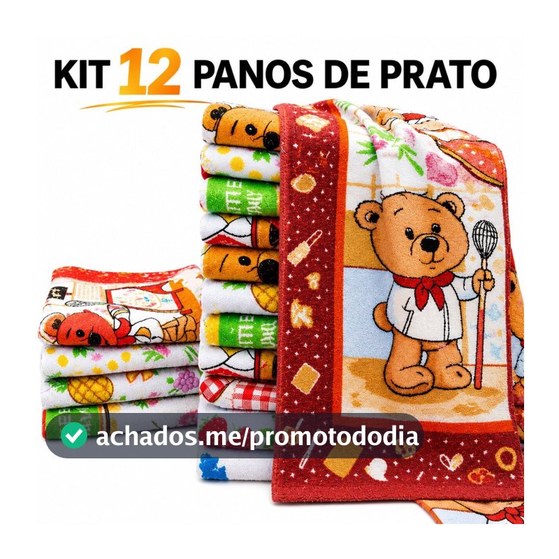 Kit 12 e 6 Pano de Prato Algodão Cozinha Atoalhado 60x40cm Pano de Copa Estampado Felpudo Alta Absorção