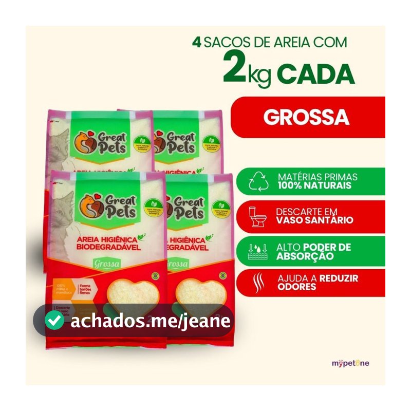 Kit 4 Areia Biodegradável Grossa 2 Kg para Gatos - Great Pets