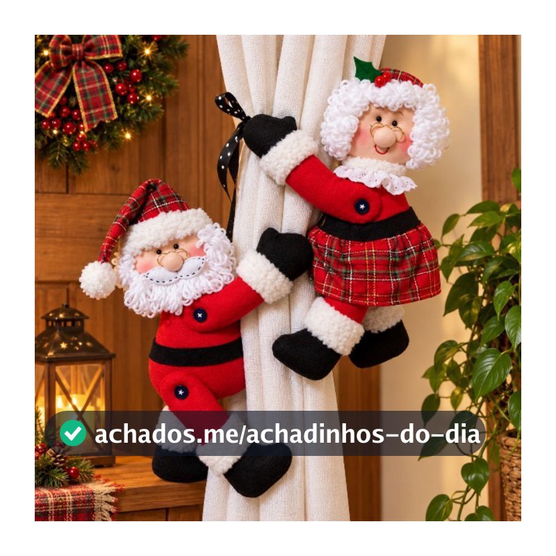 kit com 2 Prendedores de Cortina Natal Decoração Enfeite Natalino Papai Noel e Mamãe Noel