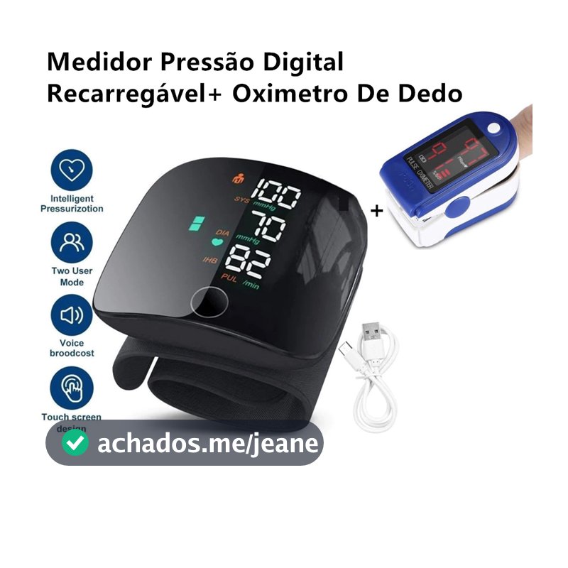 KIT Medidor Pressão Digital Recarregável De Pulso Com Voz Monitor Inteligente + Oximetro De Dedo