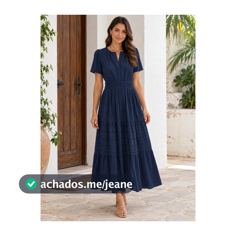 Vestido Feminino Midi Verão 2026 Algodão Fluido Decote V com Bolsos Cintura Marcada Elegante Casual Festivo QUALY