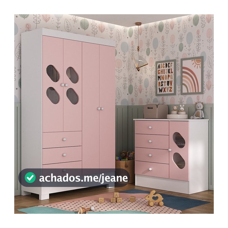 Quarto Infantil Completo Guarda Roupa 4 Portas 3 Gavetas com Cômoda Stella Espresso Móveis Rosa/Branco Branco/Rosa