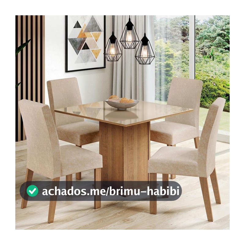 Conjunto Sala de Jantar Mesa Tampo de Vidro com 4 Cadeiras Rustic/Crema/Imperial Madesa Evelin