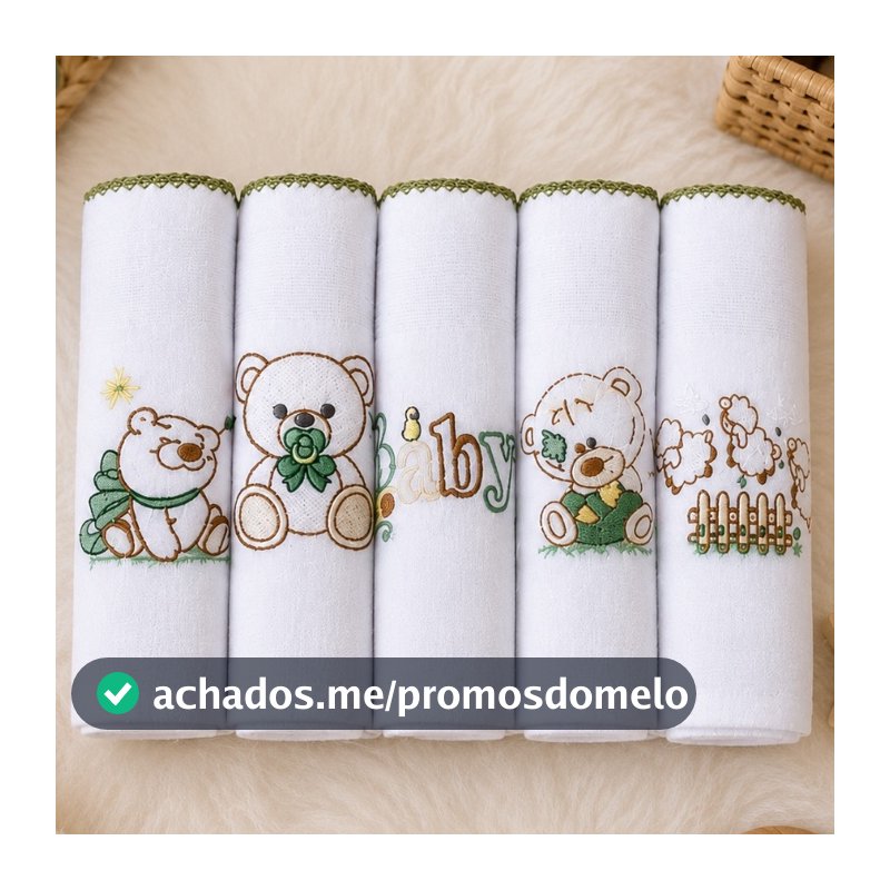 Kit Fralda de Pano Bordada para Bebê com 5 unidades 100% Algodão Menino