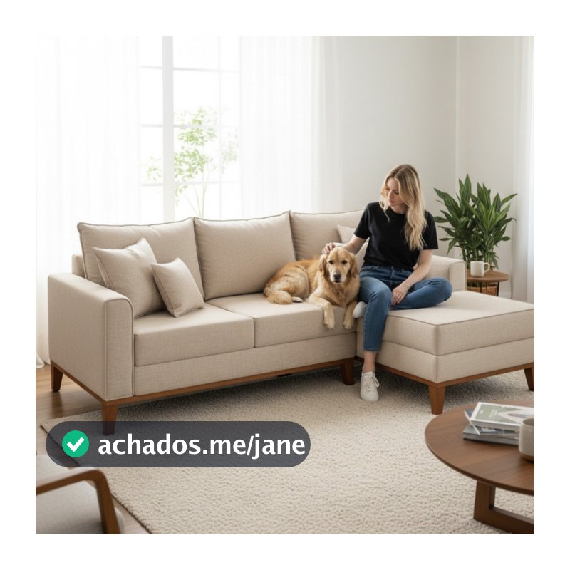 Sofá 3 Lugares Beny com Chaise Direito Linho Bege