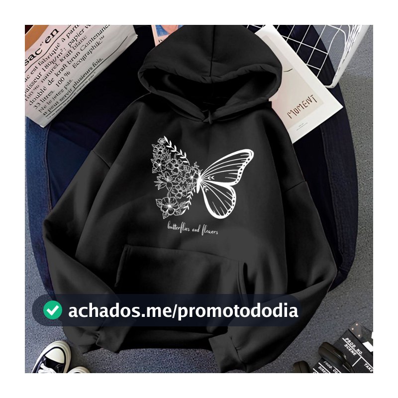 Moletom Blusa de Frio Butterflies and Flowers Bolso Canguru Cordão Capuz 5281