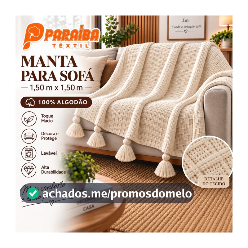 Manta Decorativa Algodão Cru 100%  Para Sofá  Estilo Rústico 1,50x1,50m Elegante