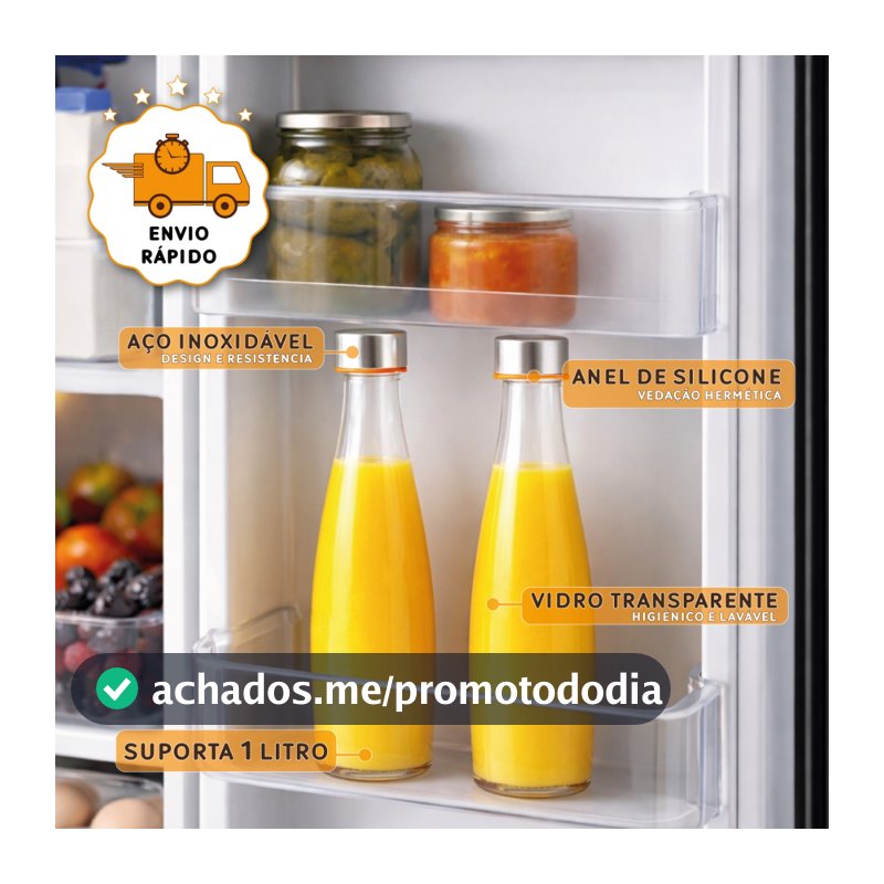 Jogo Garrafas De Vidro Redondo Geladeira Suco Laranja Reutilizável Tampa Hermética De Aço Inoxidável