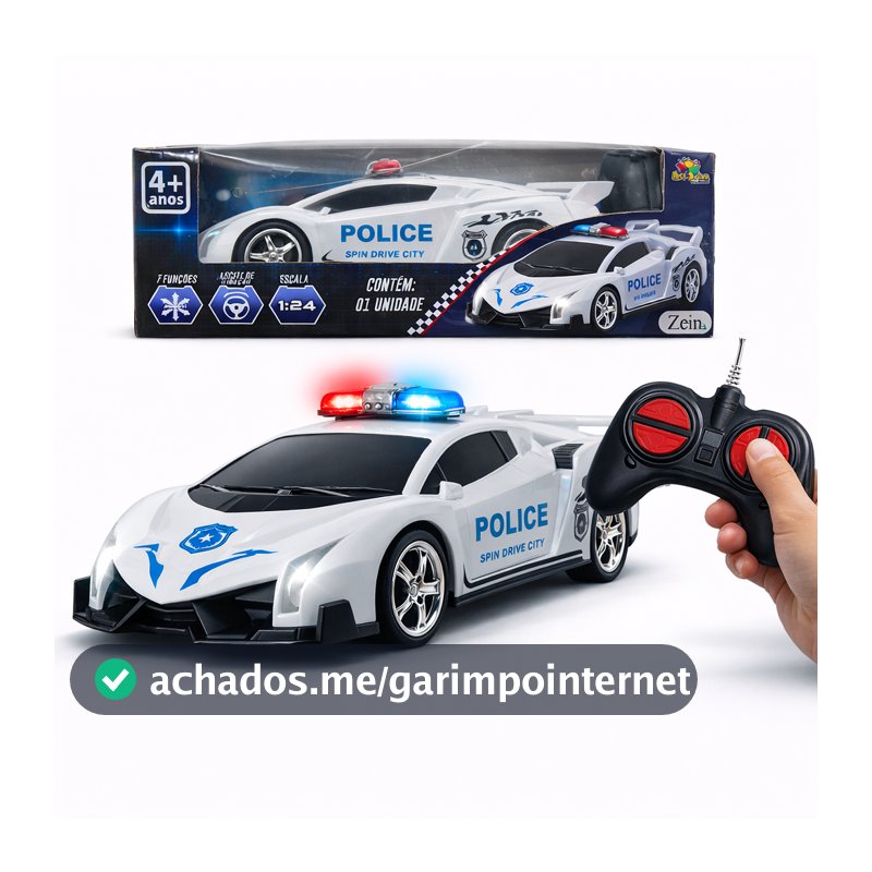 Carrinho Policia Controle Remoto Brinquedo Infantil Carro Escala 1:24 Com Luz 7 Funções Criança