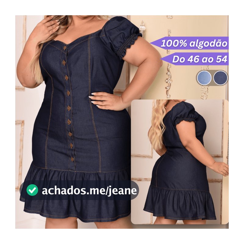 Vestidos Feminino Jeans Plus Size 100% Algodão Manga Bufante Peplum Midi Elegante