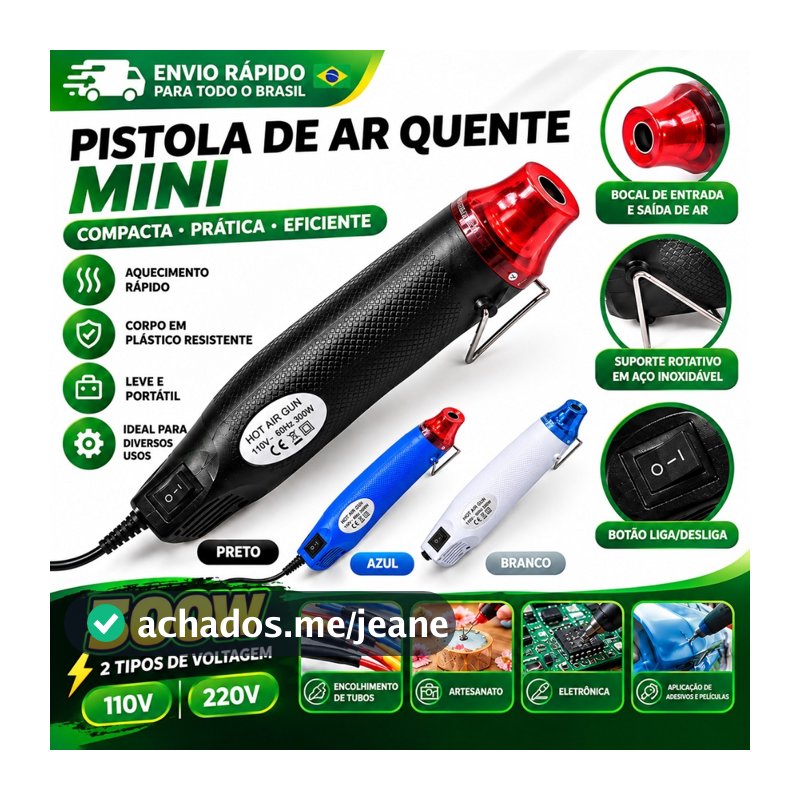 Mini Soprador Térmico Portátil 300W 110V/220V Pistola de Ar Quente para Artesanato, DIY e Reparos
