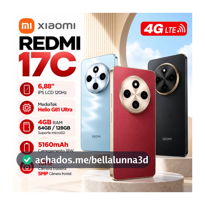 Smartphone Xiaomi Redmi 17C 4G 8GB RAM 256GB/128GB Tela 6,88" 120Hz Bateria 5160mAh Global Celular