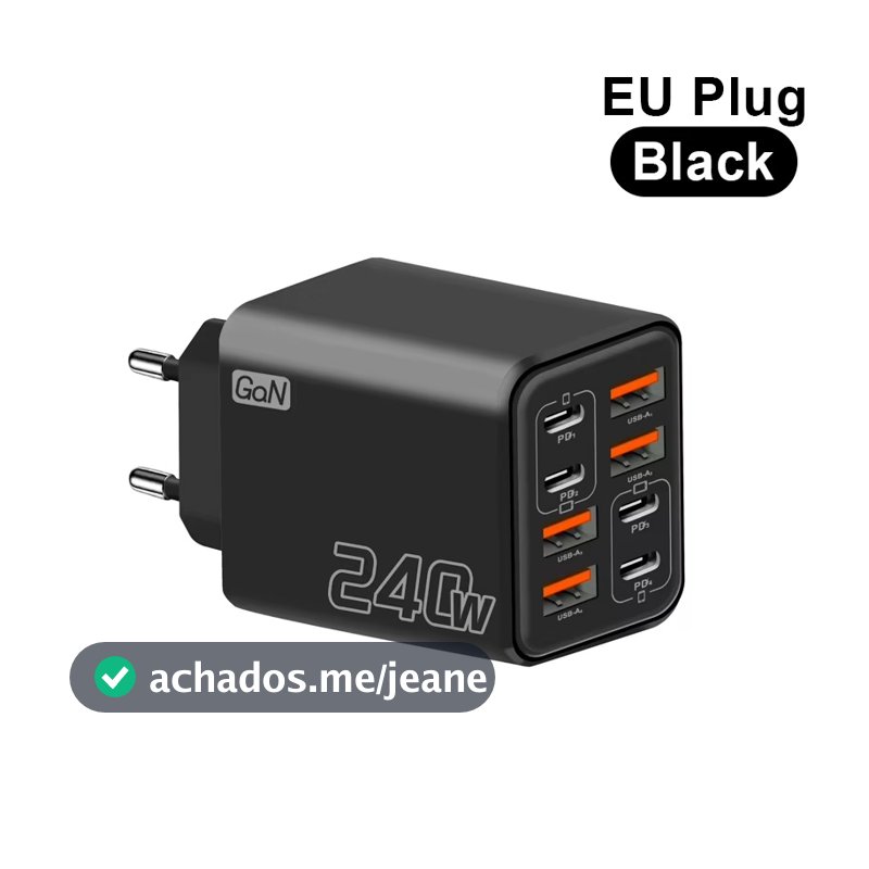 Carregador Turbo GaN 240W Universal 8 Portas USB-C PD + USB-A Fast Charge Bivolt EU Plug para Celular, Notebook, Tablet
