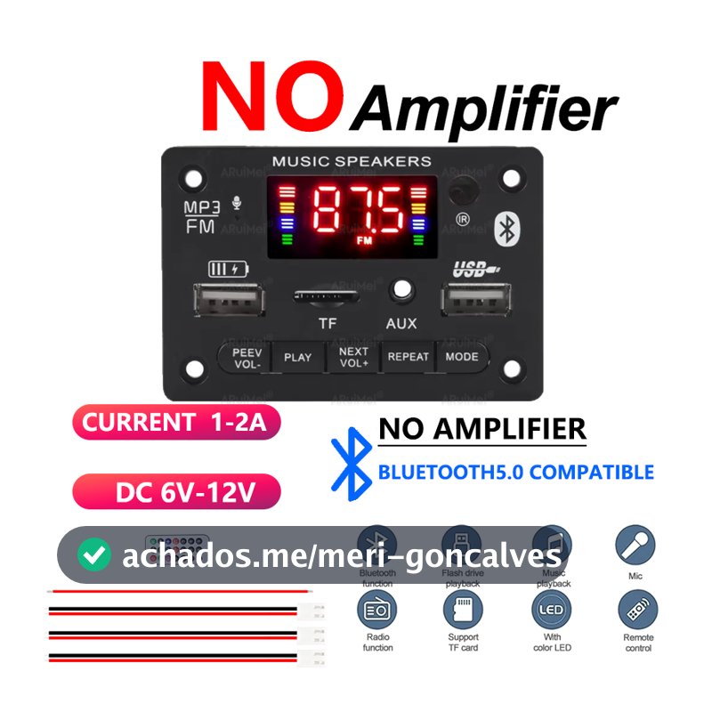 Placa amplificadora Bluetooth 5.0 com controle remoto e display DC 6V-12V módulo receptor de áudio para projetos DIY