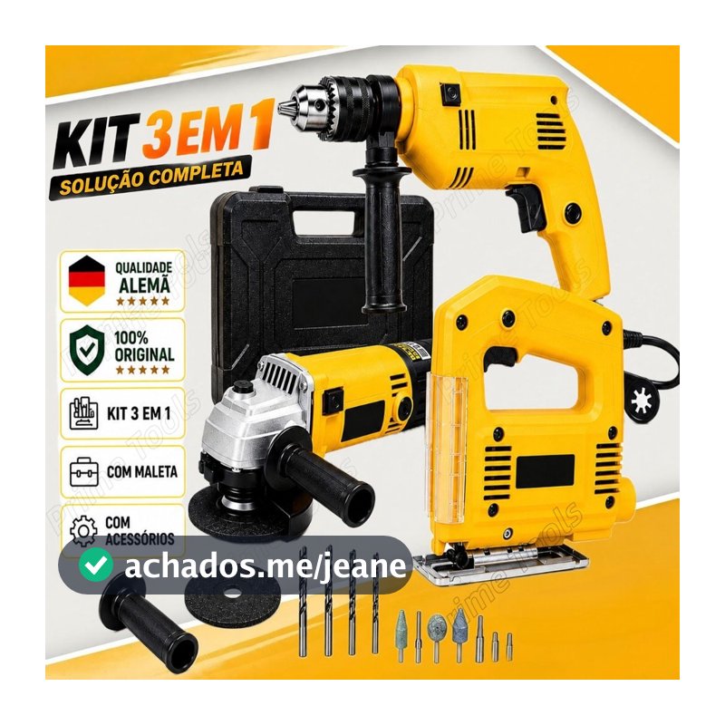 Kit 3 em 1 Furadeira de Impacto 1100W + Esmerilhadeira Angular 1200W + Serra Tico-Tico 950W com Maleta