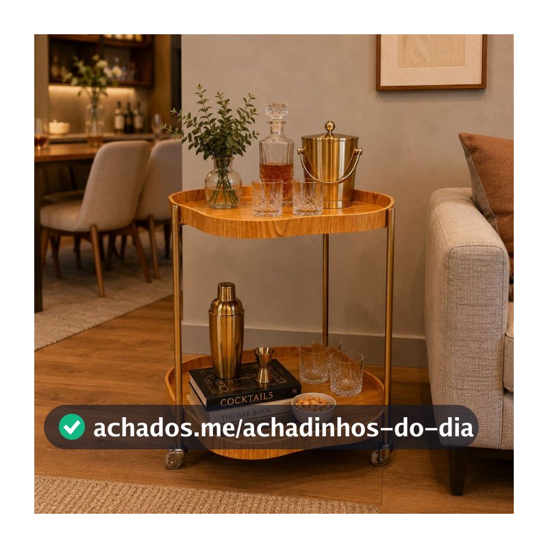 Carrinho Bar Orgânico Cinamomo Multiuso Dourado com Rodinhas Cristaleira Aparador Adega Decorativa Moderna Base em Aço