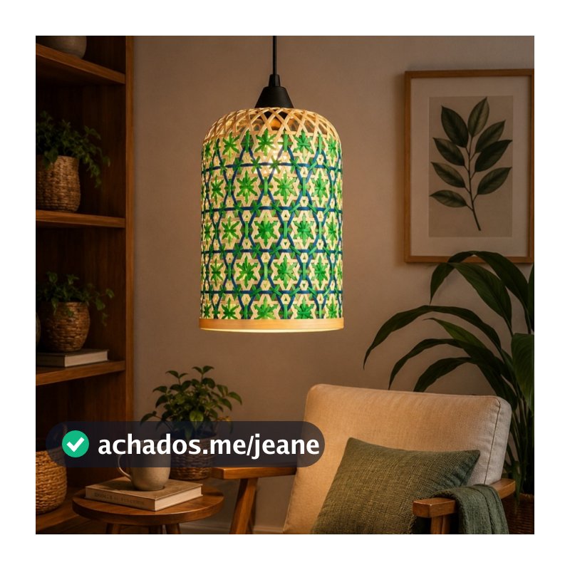 Luminaria Lustre Fibra Natural Bambu Palha Colorido Decor  127/220v Azul