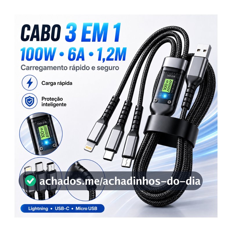 Cabo De Carregador 3 Em 1 100W 6A Tipo C Lightning Micro USB Carga Rápida Liga De Zinco 1,2M