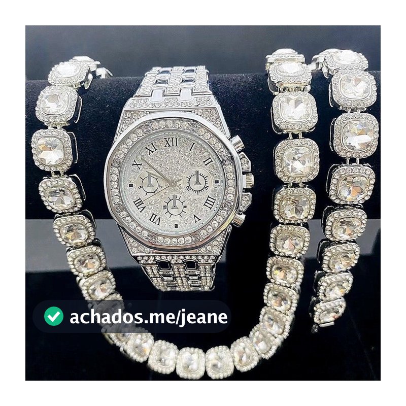 Novo Conjunto De 3 Peças Iced Out RelóGio Pulseira Colares RelóGio De Ouro Diamante Cadeias Cubana JóIas RelóGios