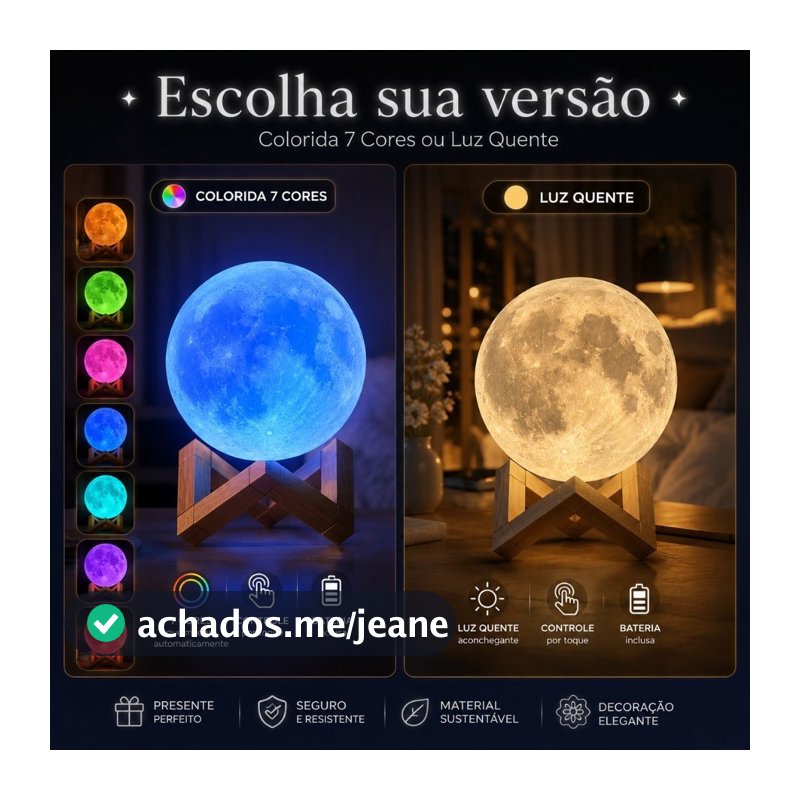 Luminária Lua 3D LED 12cm Colorida 7 Cores Ou Luz Quente Abajur Decorativo