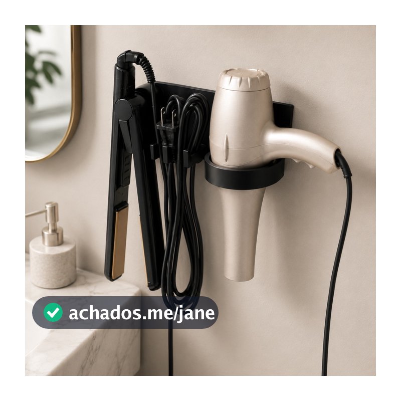 Suporte De Parede Para Secador E Chapinha Organizador Porta Secador Com Suporte Para Cabos sem precisar furar