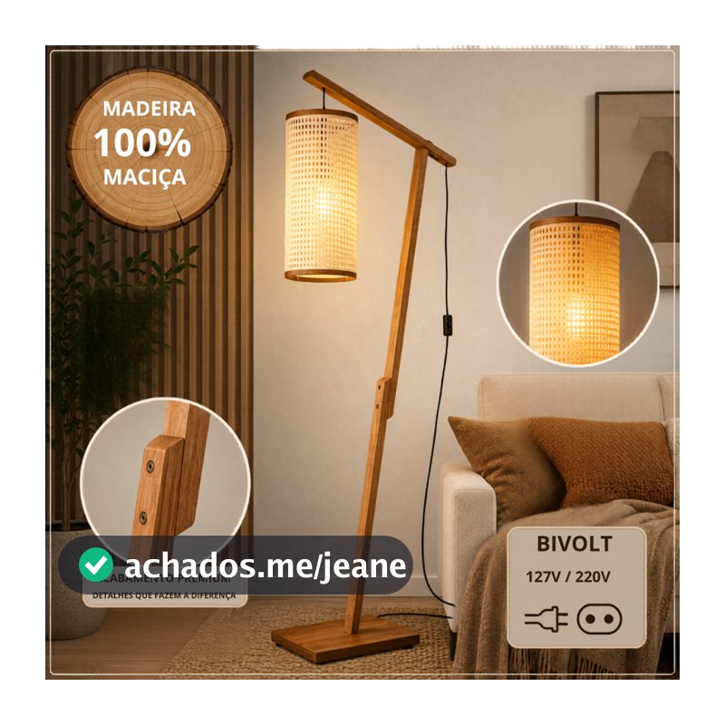 Abajur de Chão Madeira  Luminária + Tela Cúpula Cilíndrica Luz Quente Sala Quarto Bivolt