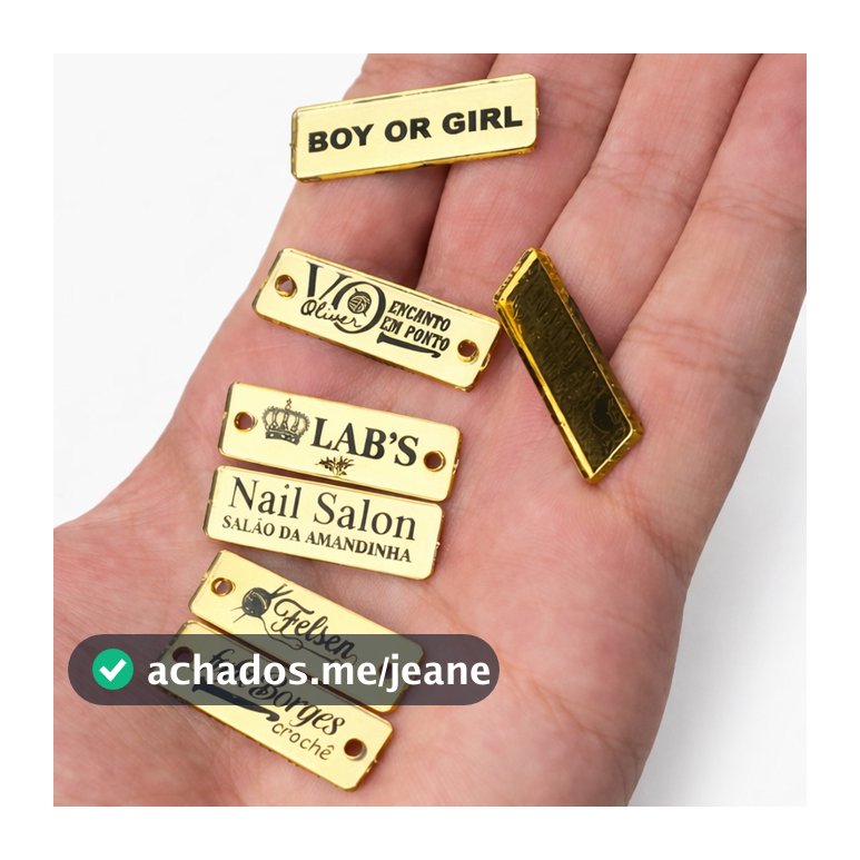 KIT COM 70 Plaquinha Etiqueta Acrílico Espelhado Dourado PERSONALIZADO Crochê Nail Aplique