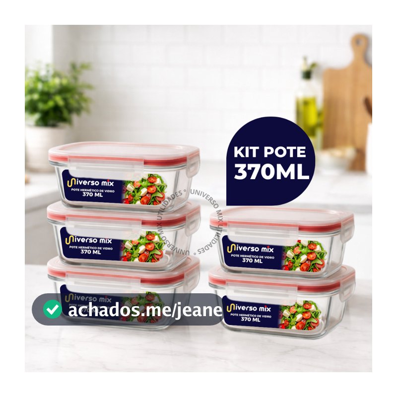Kit 5 ou 10 Potes Vidro Hermético 370ml Retangular Premium Marmita Fitness