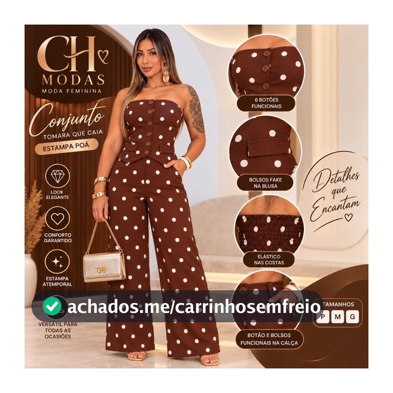 Conjunto Feminino Tomara que Caia Poá Calça Pantalona 6 Botões Funcionais Elegante Moda Feminina Look Festa Casual