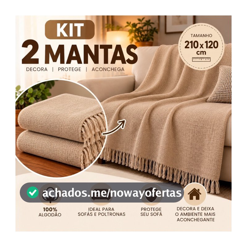 Kit 02 Manta Para Sofá ou Cama Solteiro Poltrona Decorativa Algodão Macio Artesanal 210x120 Luxo Promoção