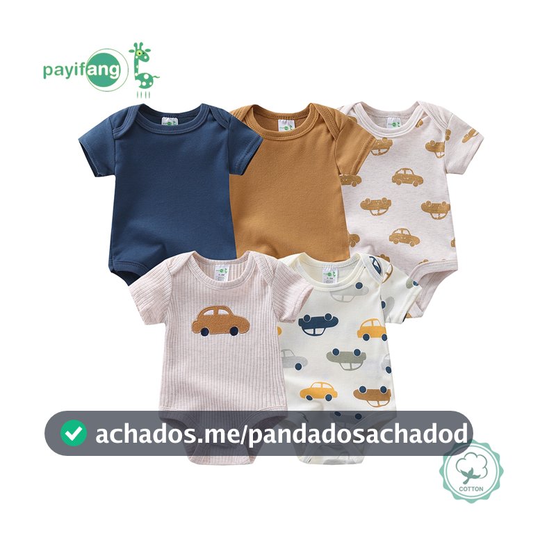 Kit 5 Pecas Body Bebe Manga Curta Algodao Suedine Meninos e meninas Verao 60% algodão, 40% poliéster-Padrão de carro
