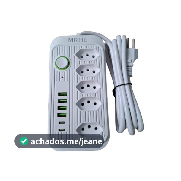 Extensão 5 Tomadas 4 USB E 2 Tipo C Bivolt Cabo 2 Metros Cor Preto e Branco