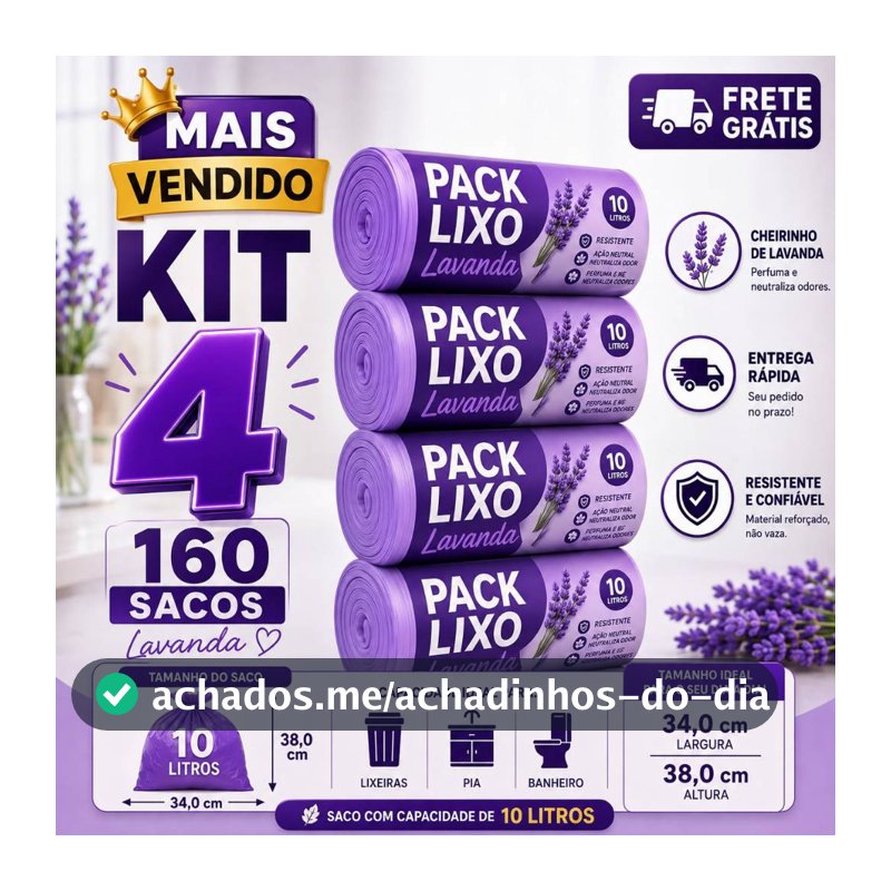 Kit 4 Rolos Saco de Lixo Perfumado Lavanda 10L 160 Sacos Resistente Pia Banheiro