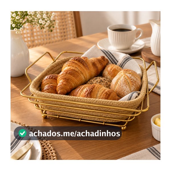 Cesto Organizador Metal Decorativo Dourado com Algodão para Pães e Frutas – Quadrado ou Oval