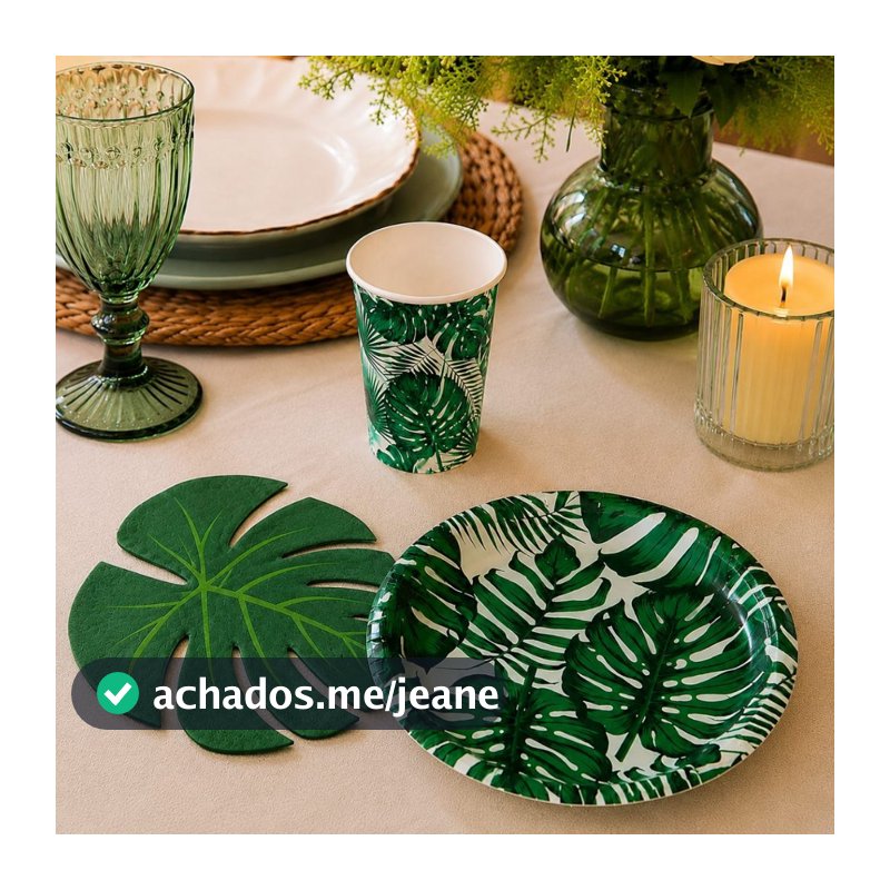 Kit Descartável 40und de Aniversário Mesa Posta Folhagem Copos Pratos Guardanapos