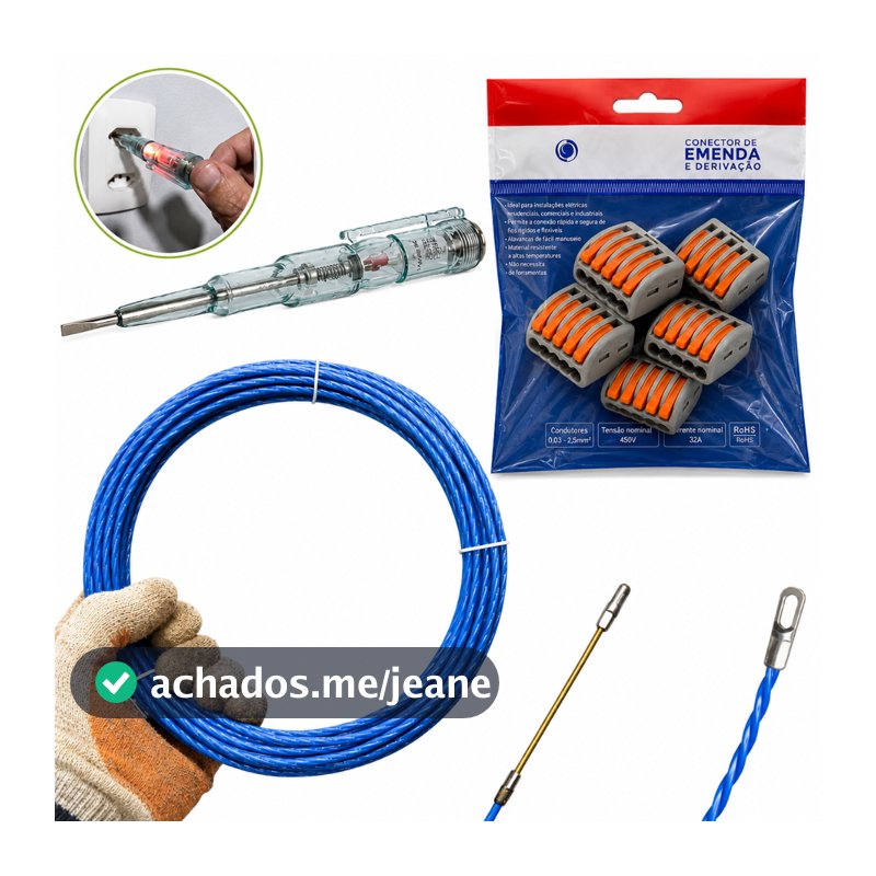 Kit Eletricista Guia Passa Fio 20m + Conector Emenda 5 vias + Chave Teste Tensão