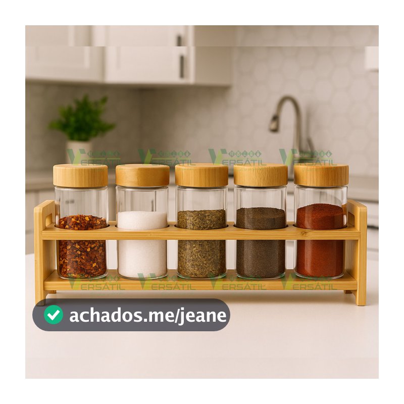 Kit Conjunto Porta Temperos de Vidro 5 Potes com Suporte de Bambu com Pé Wolff Condimentos